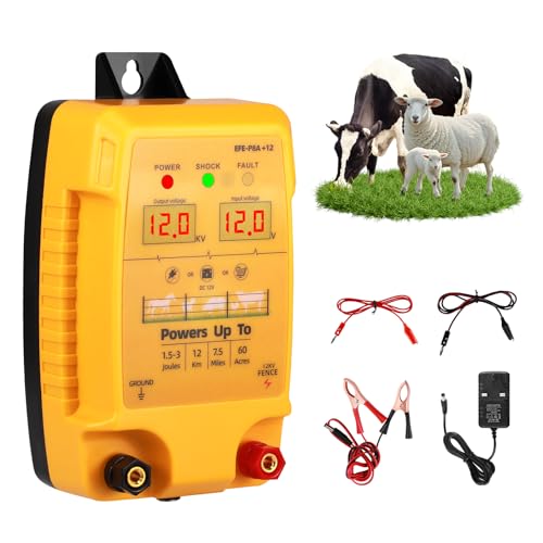 12V Electric Fence Energiser 2J Output 10 KV Peak, 7.5Miles Range, Electric Fence Charger Powered by 12V Battery/ AC/ Solar Power, Weatherproof Kit to Protect Poultry, Livestock, Horse, Pigs, Goats
