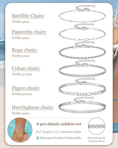 Image of Besteel Ankle Bracelets for Women Waterproof - 14K Gold Plated Non Tarnish Layered Cuban Link Chain Rope Figaro Herringbone Anklets Set Plus Size Anklet Summer Foot Jewelry Gift Adjustable 8-12 Inch