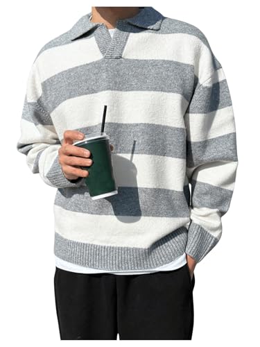 Floerns Men's Colorblock Striped Knit Sweater Long Sleeve Fall Winter Pullover Tops