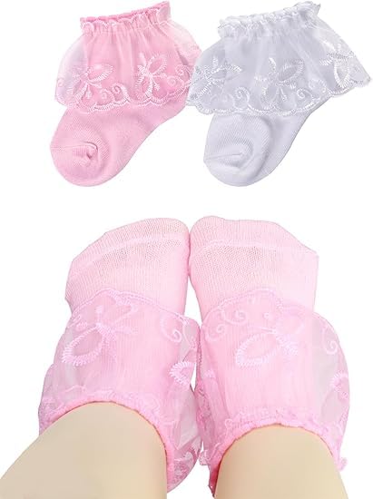CUTEABLY Baby Toddlers Girls Ruffle Lace Trim Cotton Soft Mesh Dress Socks, Eyelet Lace