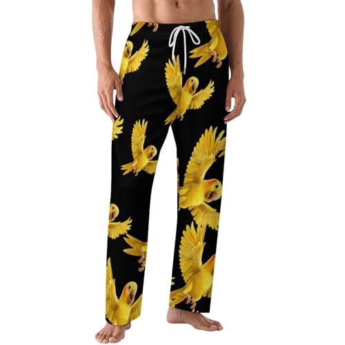 Yellow Indian Ringneck Parrot Bird Mens Pajama Pants Print Lounge Pant PJ Bottoms Sleepwear Loungewear