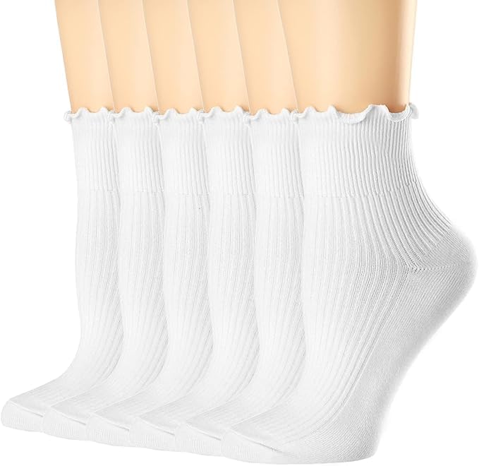 bropapa Damen Rüschen Socken,Elegante Socken mit Spitze Rand, Atmungsaktive Baumwolle Knöchel Socken, Bequem für Frauen, 6-Pack