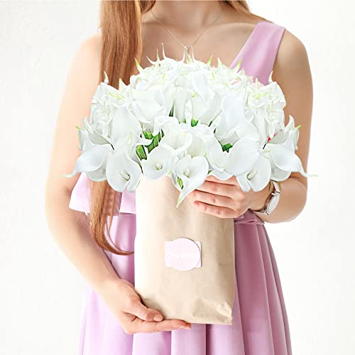 Janinka 60 Pieces Calla Lily Artificial Wedding Bouquet Fake Real Touch Flowers Faux Bridal Calla Lily Plant Silk Calla Lily Flowers For Decoration Home Kitchen Wedding Party Decor, 14 Inch (White) #TOP6