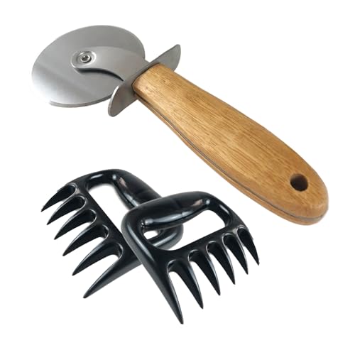 3-Inch Diameter Blade Pizza Cutter with Wooden Handle,Stainless Steel Pizza Cutter,Multifunctional Pizza Wheel Cutter,2 pcs Meat Shredder Claws,Pulled Pork Claws for Meat Shredding,Tool Barbecue