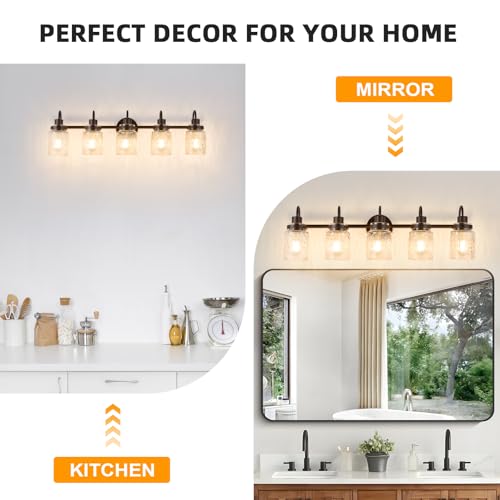 Image of 5 Lights Hammered Glass Bathroom Vanity Light, Oil Rubbed Bronze | Easy Installation,Up or Down,Farmhouse Modern Style,E26 Socket,ETL Certification