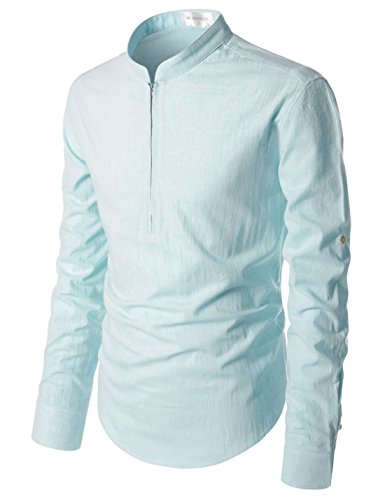 NEARKIN (NKNKN352 Beloved Mens Chinese Zipup Collar Linen Roll Up Shirts Sky US XXXL(Tag Size 3XL)