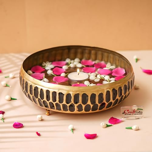 Image of eCraftIndia Black Golden Metal Urli Bowl for Home Decoration Office Tv Unit Kitchen Showpiece for Good Luck | Urli for Floating Candles Flowers for Pooja Room Entryway Living Room Diwali Gift
