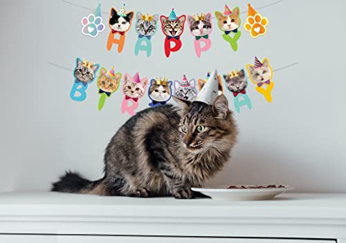 Cat Birthday Banner Cat Birthday Decoration, 17 Pieces Cat Face Birthday Party Banner,Cat Face And Paw Print Happy Birthday Banner #TOP2