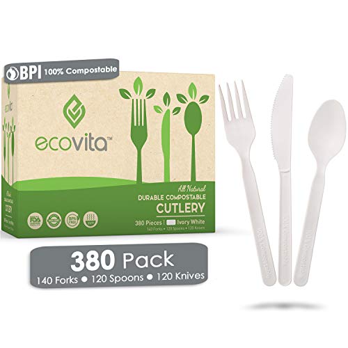 100 Compostable Forks Spoons Knives Cutlery Combo Set - 380 Large Disposable Utensils 7 in Eco Friendly Durable and Heat Resistant Alternative to Plastic Silverware with Convenient Tray by Ecovita