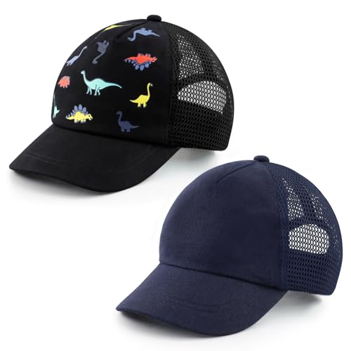 POXIMI Toddler Baseball Caps Baby Boy Sun Protection Cap Kid Summer Hats Girl Mesh Trucker Hat (CA/US, Age, 0 Months, 12 Months, A-Black Dinos+Navy)