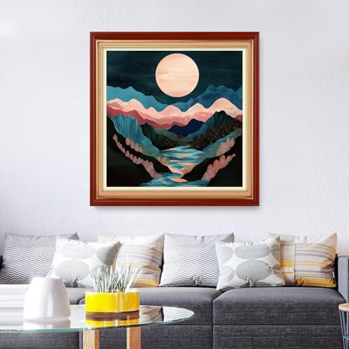 Image of Foxhool Stamped Cross Stitch Kits,11CT Printed Cross Stitch Pattern Full Embroidery Kits for Beginner Needlepoint Kits& Mountains, Rivers, Moon 18x18 inch