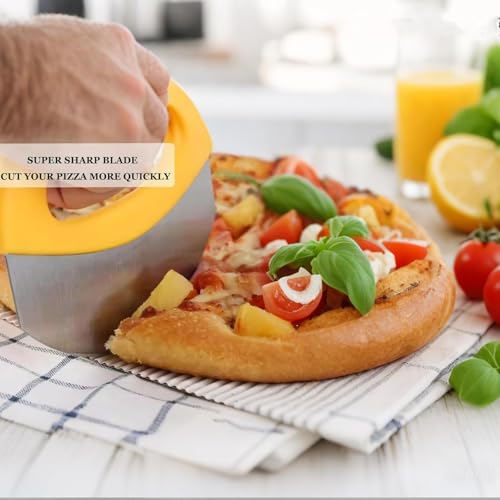 Image of NILKANTH Premium Stainless Steel Pizza Cutter, Sandwich Cutter & Food Chopper | Sharp Rocker Blade Pizza Knife | Non-Slip Grip Handle with Protective Sheath | Dishwasher Safe (Yellow)