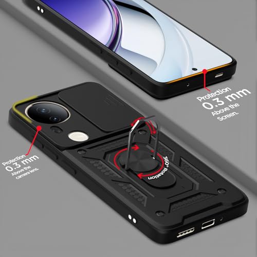 Image of Pikkme Back Cover for Vivo T4 Ultra 5G | D10 Tough Armor | 360 Protection Case | Sliding Camera Shield Cover & Ring Holder Stand Bumper Case (Black)