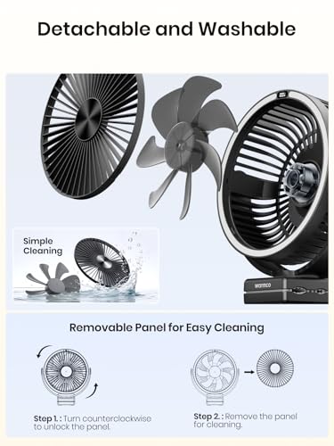 Image of Warmco 15000mAh Clip on Fan with LED Light for Camping and Golf Car | 12-30H Runtime, 300H+ Light, USB-C Two-Way Charging, 3-Level LED Light, Clip Hook Desk Use, 4 Speeds