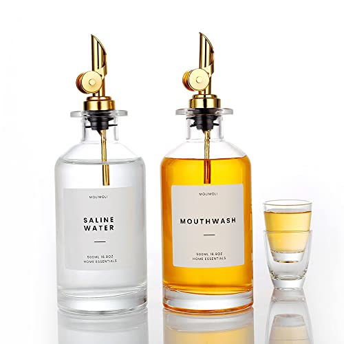 Molimoli 350Ml/11.8 Oz Mouthwash Dispenser For Bathroom With Cups Reusable, Mouthwash Decanter, Mouthwash Holder, Mouthwash Bottle For Bathroom, Set Of 2, Gold #TOP25