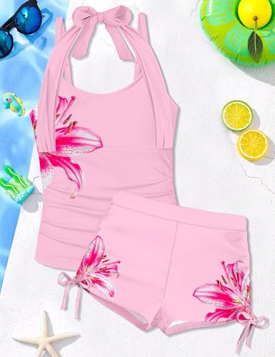 Image of Girls Swimsuit 2 Piece Halterneck Girls Tankini Swimsuit Drawstring Printed Swim Shorts Girl Bathing Suit for 7-18T