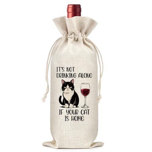 WHTYEFZ It's Not Drinking Alone If Your Cat Is Home Canvas Wine Bag, Humor Cat Theme Reusable Tote Gifts for Cats Pet Lover Wine Enthusiast, Birthday Housewarming Gifts for Cats Mom Friend Neighbor