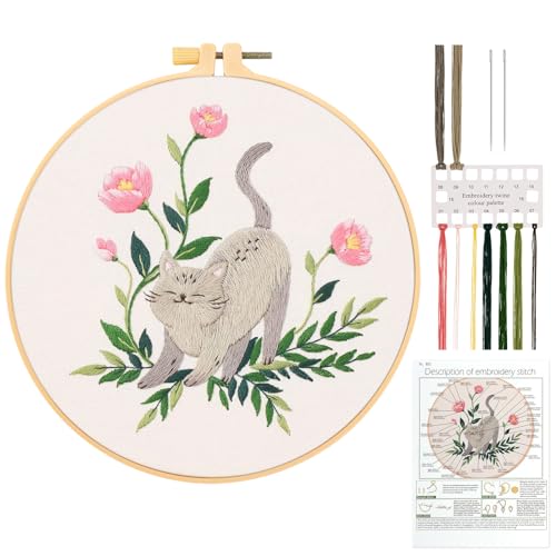 JSRQT Embroidery Starter Kit for Beginners Adults,Cat Pattern Counted Cross Stitch Set,DIY Handmade Sewing Craft with Embroidery Hoops and Needles Threads