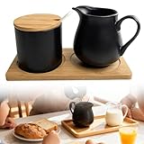 PORFOYO Set di latte e zucchero con coperchio e cucchiaio, brocca per latte in ceramica con vassoio in legno, zuccheriera barista, set da zucchero e crema da zucchero, lavabile in lavastoviglie e