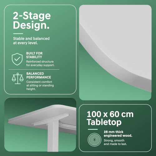 Image of V ONE Electric Standing Desk | Compact 1-Piece Top | 70Kg Weight Capacity | 3 Memory Preset | 5 Year Warranty | Built-in Cup & Headphone Holder | Home Office (White, 100 * 60 CM)