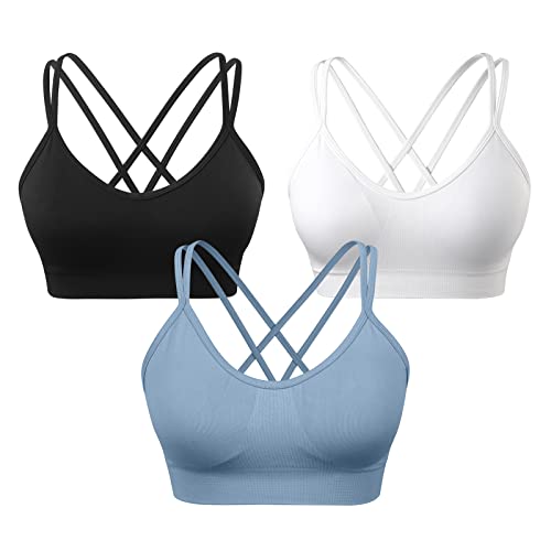 Image of VEQKING Strappy Cross Back Women Sports Bras with Removable Cups | Medium Support, Padded, Non-underwire, Spaghetti Straps, Seamless, for Light-Mid Impact Workout: Gym /Yoga /Pilates /Daily Wear
