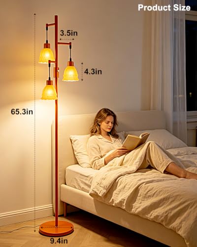 Image of Lightdot 3-Lights Glass Floor Lamp Dimmable Orange Floor Lamp with Orange Glass Shade 3000K Bulbs Included Unique Modern Standing Tall Lamp with 5Lbs Heavy Base for Living Room /Bedroom /Sofa Beside