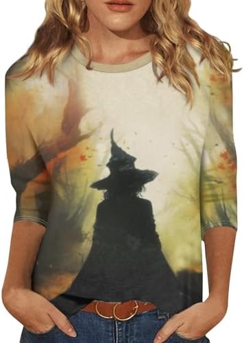 Women Halloween Shirt 3/4 Sleeve Womens Blouses Fashion Halloween Womens Basic Tops Round Neck Blouses for Women