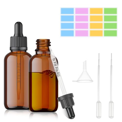Freyeeti Lot de 2 Flacon Pipette 30ml, Flacon en Verre Ambré avec Pipette Verre et Entonnoir, Réutilisable, pour huiles essentielles, huiles de parfum, colorants liquides, mélanges d'aromathérapie