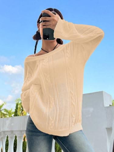 Image of SKAYS Oversized Fall Sweaters for Women, Oversized Cable Knit Sweater Off Shoulder, Solid Color Crew Neck Sweater