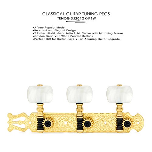 DJ204GK-P1W TENOR Classical Guitar Tuners, Tuning Key Pegs/Machine Heads for Classical or Flamenco Guitar in Gold Plated Finishing with Pearl Colored Buttons.