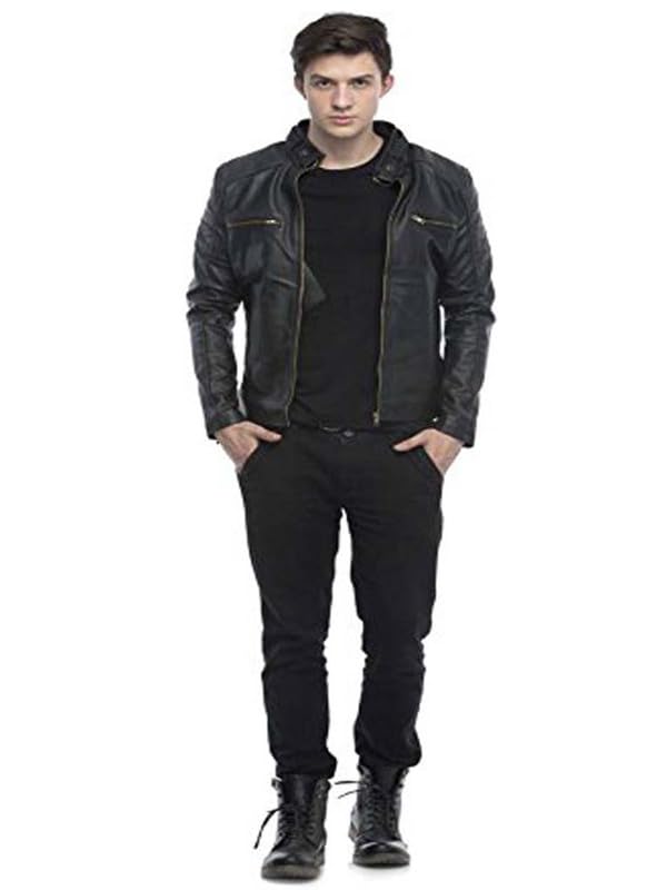 Image of Leather Retail Men's Black Faux Leather Jacket with Stand Collar
