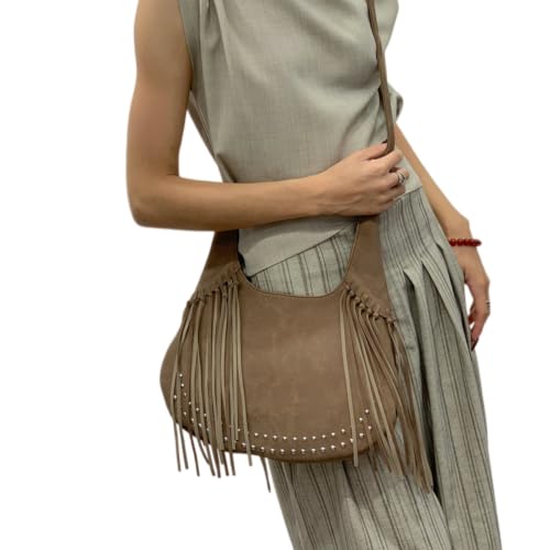 Image of Women Vintage Suede Fringe Hobo Bag Tote Shoulder Bag Crossbody Bag and Hippie Western Cowgirl Purse Shoulder Bag