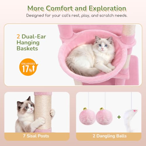 Image of Globlazer Pink Heavy Duty Cat Tree, 74in Sturdy Cat Tower for Large Cats Adult, Big Cat Tree with 7 Sisal Scratching Posts, 2 Padded Condos, 2 Dual-Ear Hanging Baskets, Enlarged Top Perch, S74, Pink