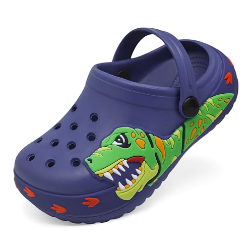 FolHaoth Boys Girls Toddler Clogs Little Kids Slip on Slides Slippers Cute Cartoon Dinosaur Tyrannosaurus rex Pattern Garden Shoes Summer Indoor Outdoor Beach Pool Water Sandals Deepblue