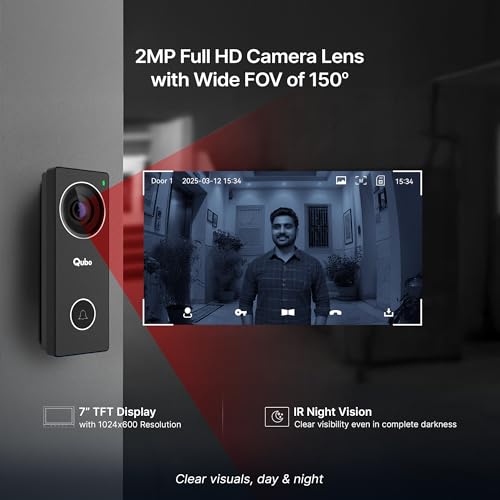 Image of Qubo InstaView Edge Wired Video Door Phone | 2MP Full HD Camera, 7-inch TFT Display, 150 Wide View, Motion Detection, IR Night Vision, Auto Recording, Door & Gate Unlock, 128GB SD Card Support