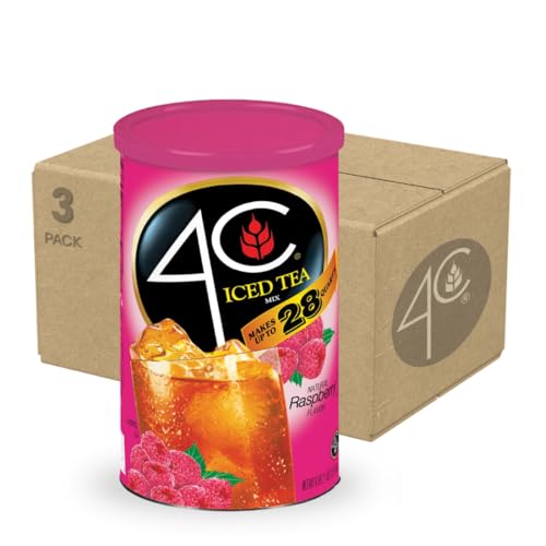 4C Powdered Drink Mix Cannisters, Raspberry Tea 3 Pack, 28 Quarts, Family Sized Cannister, Thirst Quenching & Refreshing Flavors