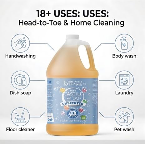 Brittanie's Pure Organic Castile Liquid Olive Oil Soap Refill, 1 Gallon Unscented | Face, Body Wash, All Purpose Cleaner, Dishes, Pets, Laundry | Vegan, Biodegradable, Made in USA - Image 3