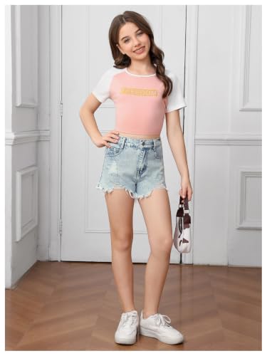 Image of Floerns Girl's Ripped Raw Hem Elastic Waist Straight Leg Denim Shorts with Pockets