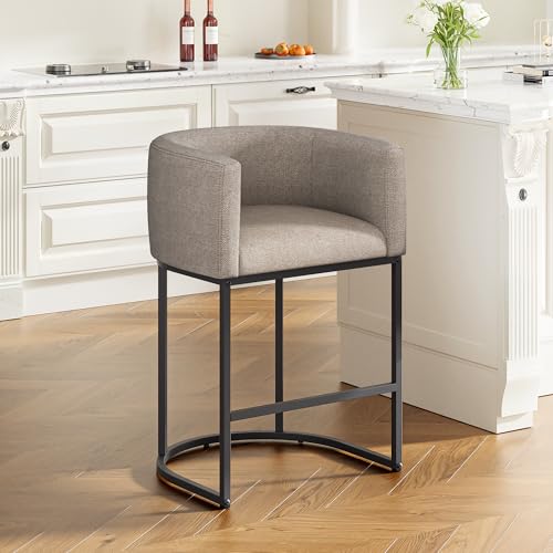Image of 26 inch H Counter Height Bar Stools Set of 1, Modern Barrel Counter Stools with Backrest and Arms, Linen Fabric Upholstered Accent Barstools for Kitchen Island,Support 450 LBS (Sand)