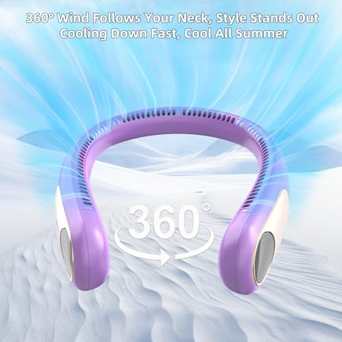 Image of Portable Neck Fan, Personal Wearable Bladeless Fan for Outdoor Indoor, LED Display, 360 Cooling, 4-Speeds, 6000mAh USB Rechargeable, Birthday Gifts for Men Women Dad Mom (Purple)