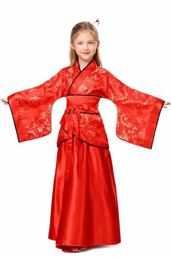 Lazutom Girls Traditional Chinese Hanfu Dress Kids Ancient Style Long Sleeve Festival Dance Performance Outfit Red