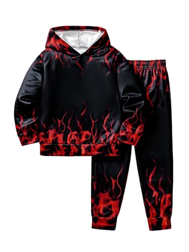 Plardeer Boys Sweatsuits Two Pieces Pants Set 3D Fire Printed Hoodies Sweatshirt and Sweatpants Set Outfit Sets for Boy Red 13-14Y