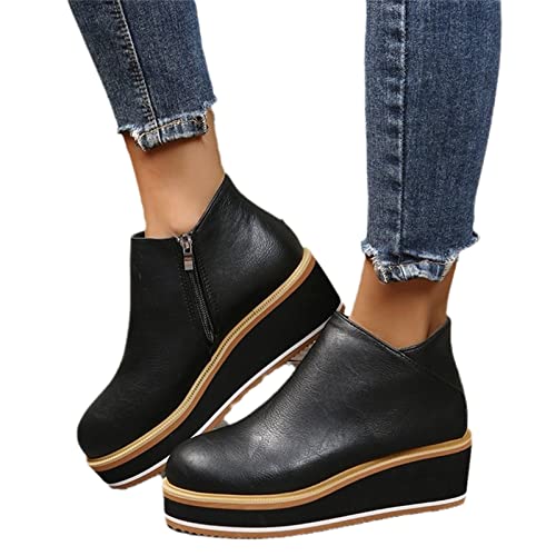 Botines Casuales Booties De Mujer Con Plataforma,Botas Cortas De Cuero PU De Primavera Con Cremallera,Zapatos De Tobillo De Mujer De Estilo Británico De Gran Tamaño ( Color : Black , Size : 40 EU )