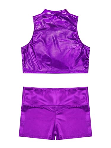 Kids Girls 2pcs Shiny Metallic Gymnastics Dance Tracksuit Sleeveless Mock Neck Crop Top Vest And Boy Shorts Set Purple 10 Years4