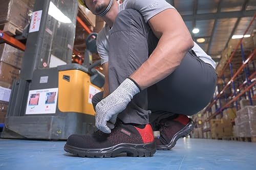 KARAM ISI Marked Flyknit Safety Shoe Excellent Grip, Comfort and Slip Resistance | Safety Shoes with Fibre Toe | Red & Black | FS215FN(FWSAMN)