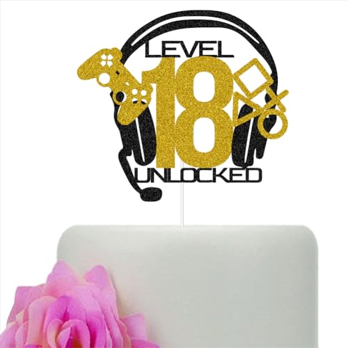 WKUNBA Level 18 Unlocked Cake Topper, Video Game Happy 18th Birthday Cake Decorations, Game Controller Cake Decor, 18 Years Old Party Supplies Gold & Black Glitter
