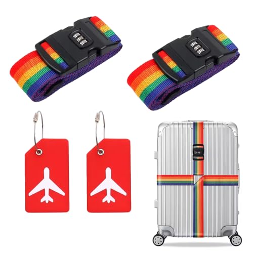 2 correas para equipaje con candado de combinación, 200 x 5 cm, con 2 etiquetas para equipaje, correas ajustables en cruz para equipaje, correa de equipaje para maleta, equipaje de viaje (color