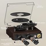 FYDEE Record Player - Dual Way Bluetooth | 3 LP Sizes | Built-in Stereo Speakers | 33/45/78 RPM Turntable | USB Output and MP3 Recording | RCA Output for Vinyl Records | Walnut - Image 6
