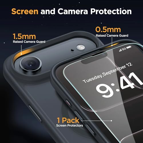 Image of Miracase Magnetic for iPhone Air Case with Screen Protector(Compatible with MagSafe), Slim Thin Translucent Matte Military-Grade Protected Phone Cover for iPhone 17 Air 6.5 inch, Space Black