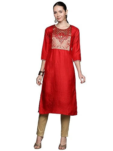 Image of INDO ERA Women Polyester Straight Fit Yoke Design Straight Kurta (23ERE3936)